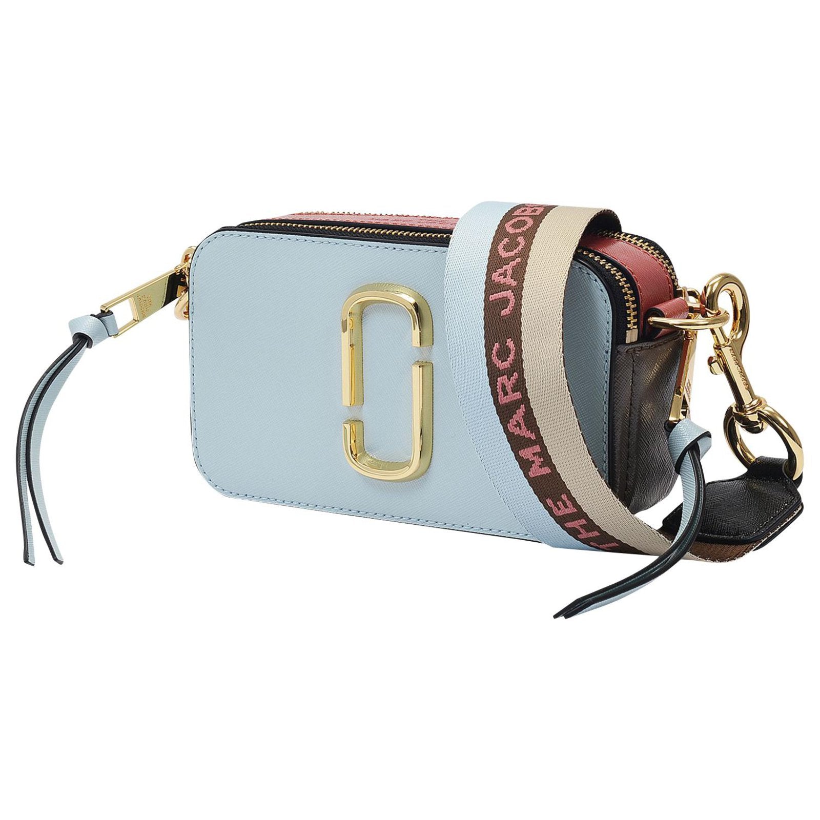 Marc Jacob Original Light blue handbag with gold clasp and brown strap on a white background