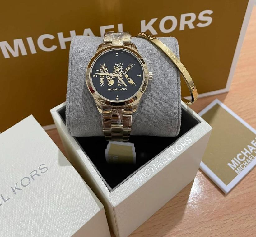 MICHAEL KORS QUARTZ STAINLESS STEEL BLACK DIAL - MK6682 ( WITH MK BANGLE )