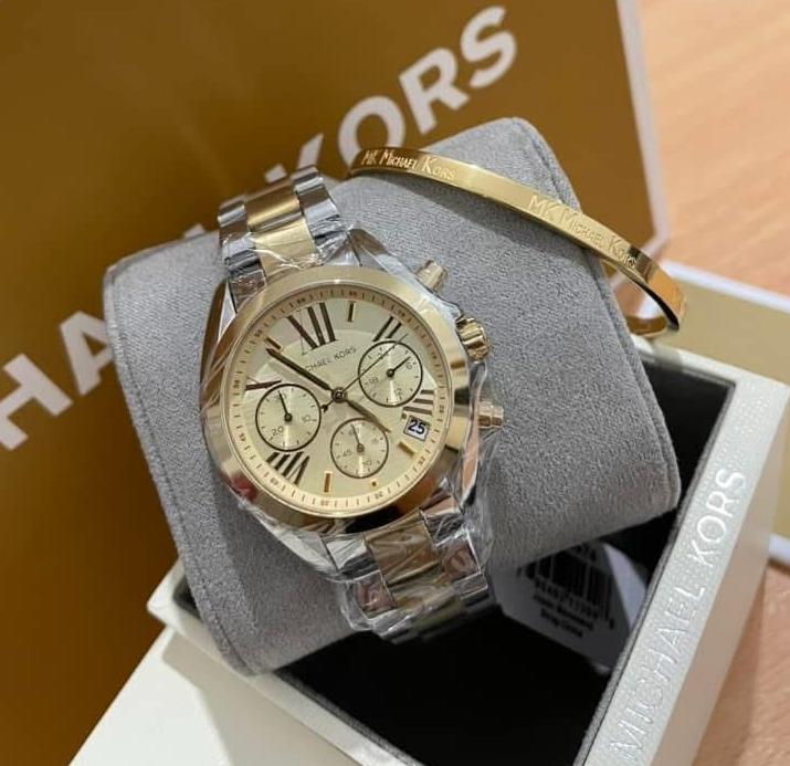 MICHAEL KORS SILVER WHITE TWO TONE GOLD DIAL STAINLESS STEEL BRADSHAW - MK5974 ( WITH MK BANGLE )