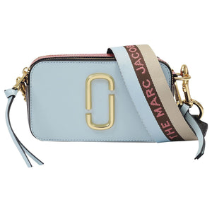 Marc Jacob Original Light blue handbag with gold clasp and branded strap on a white background
