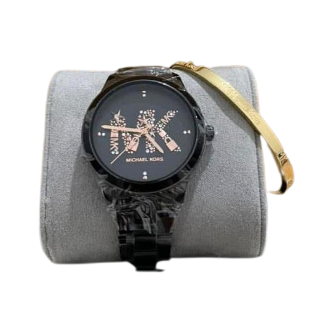 MICHAEL KORS RUNWAY QUARTZ BLACK DIAL BLACK STEEL STRAP - MK6683 ( WITH MK BANGLE )